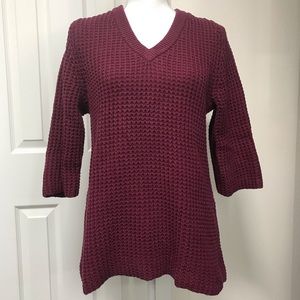 LANDS END Maroon Burgundy V-Neck Sweater 3/4 Sleeves Cotton Blend Small Tall ST